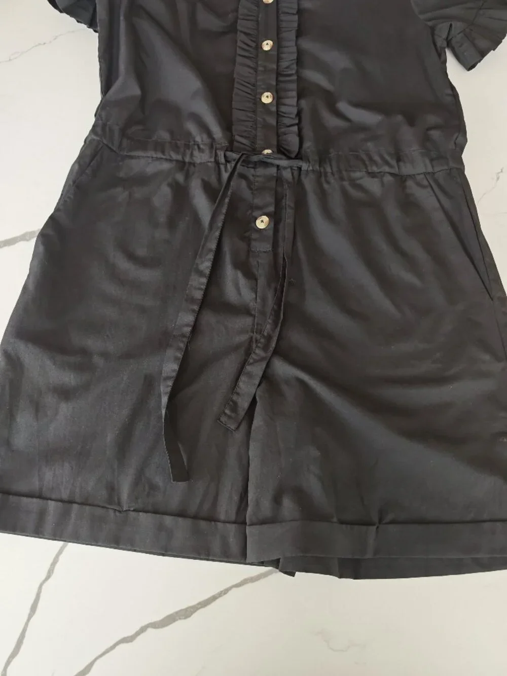 French Connection Black Ruffle Button Front Romper Dress Size 4 | Cinched Waist - Picture 8 of 11
